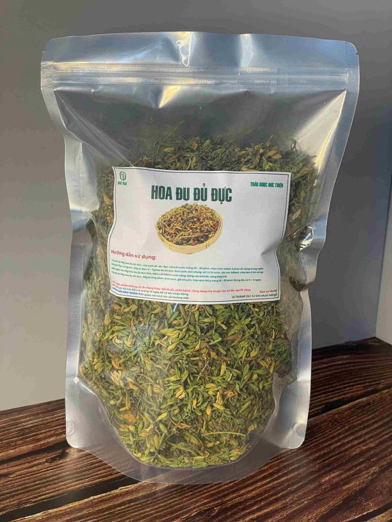 Túi zip hoa đu đủ đực khô thương hiệu Thảo Dược Đức Thiện kèm bát mẫu sản phẩm xanh đẹp