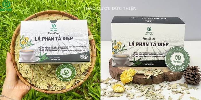 Bộ sản phẩm trà giảm cân phan tả diệp Đức Thiện và ly trà thành phẩm màu hổ phách đẹp mắt
