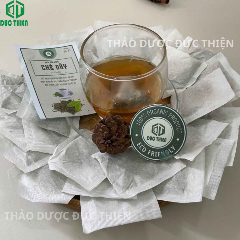 Hình ảnh ly trà dây túi lọc sau khi pha kèm hướng dẫn sử dụng giúp diệt khuẩn HP và giảm đau dạ dày hiệu quả