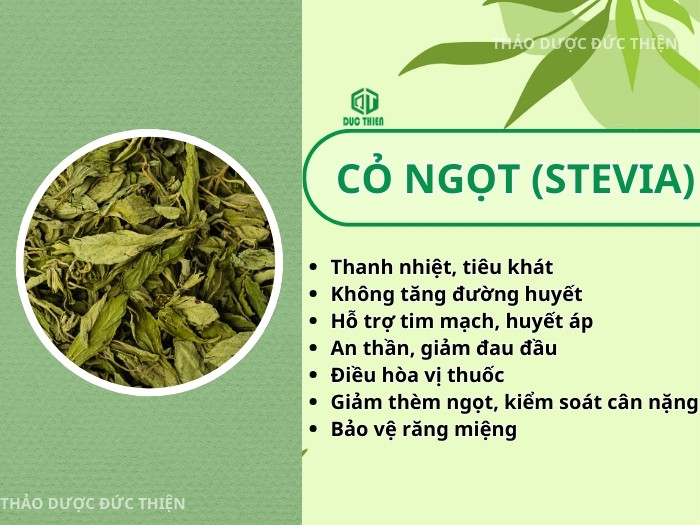 Bảng tóm tắt 7 công dụng vàng của trà cỏ ngọt sấy khô như thanh nhiệt và ổn định đường huyết