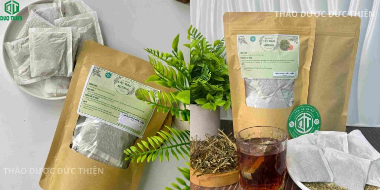 Quy cách đóng gói trà rau mương túi lọc Đức Thiện với túi zip bạc và bao bì giấy thân thiện môi trường