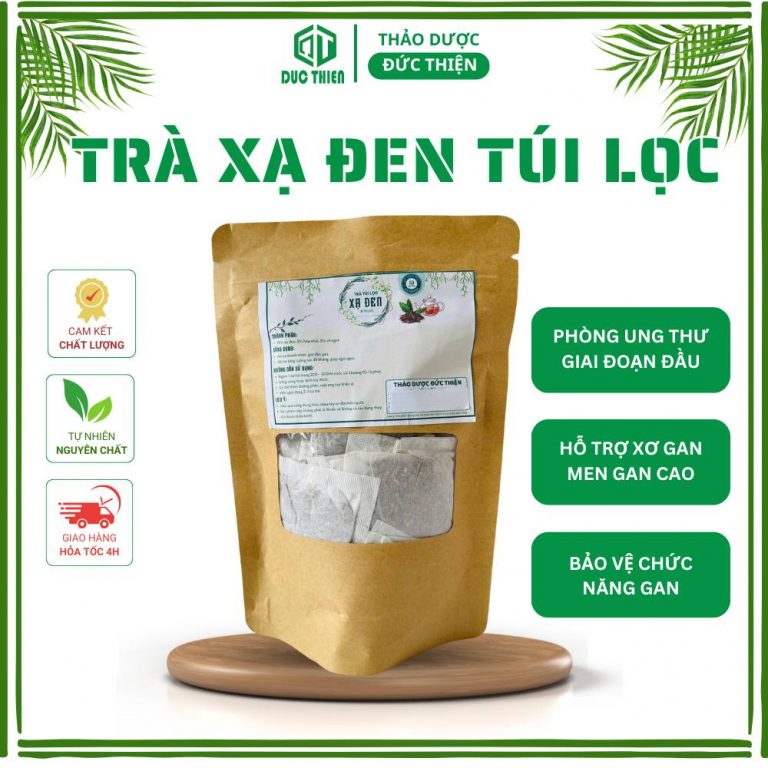 Poster sản phẩm Trà Xạ Đen túi lọc Đức Thiện với công dụng hỗ trợ phòng ngừa ung thư, xơ gan và men gan cao