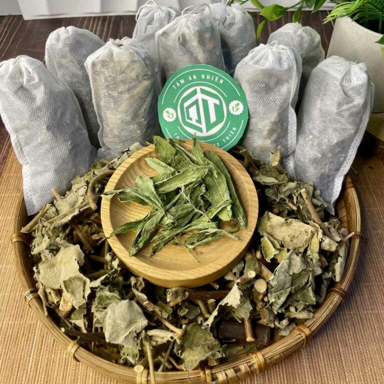 trà mâm xôi túi lọc thảo dược tự nhiên đóng túi lọc bày trên mẹt tre