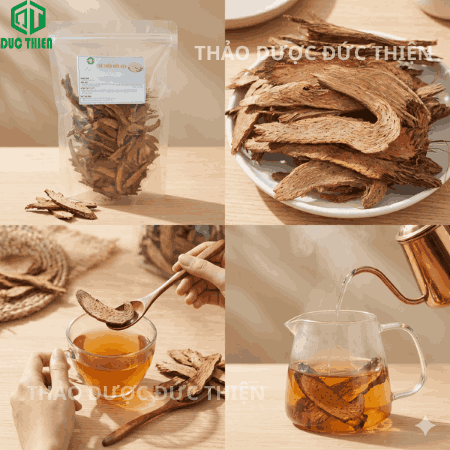 Bộ ảnh sản phẩm Thiên niên kiện khô gồm túi đóng gói, lát thảo dược chi tiết và cách pha trà thảo mộc.